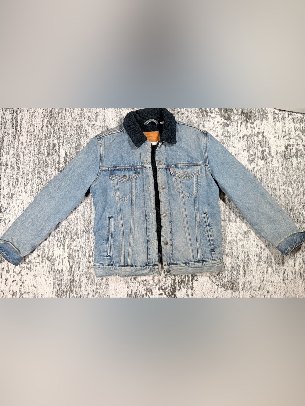 Light Blue Denim Sherpa-Lined Jacket with Dark Collar